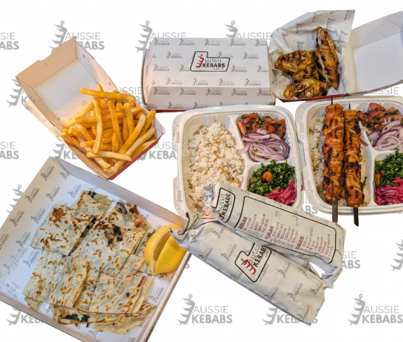 Assorted food items including kebabs, fries, and flatbread on a white background with 'Aussie Kebabs' branding.