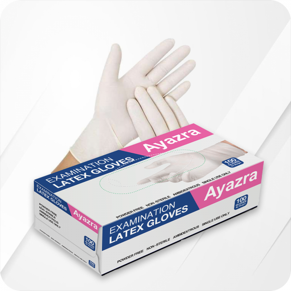 Box of 100 Ayazra examination latex gloves on a white background
