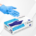 Box of 100 Ayazra examination nitrile gloves with a hand wearing a glove on a white background