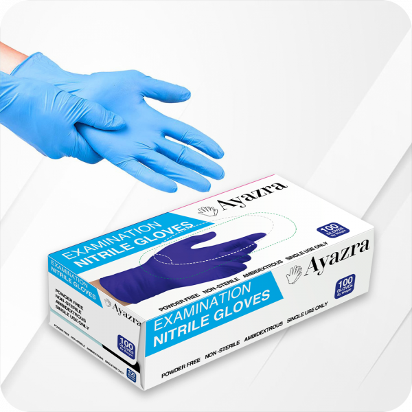 Box of 100 Ayazra examination nitrile gloves with a hand wearing a glove on a white background