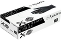 Box of 100 Ayazra thick black nitrile gloves on a white background