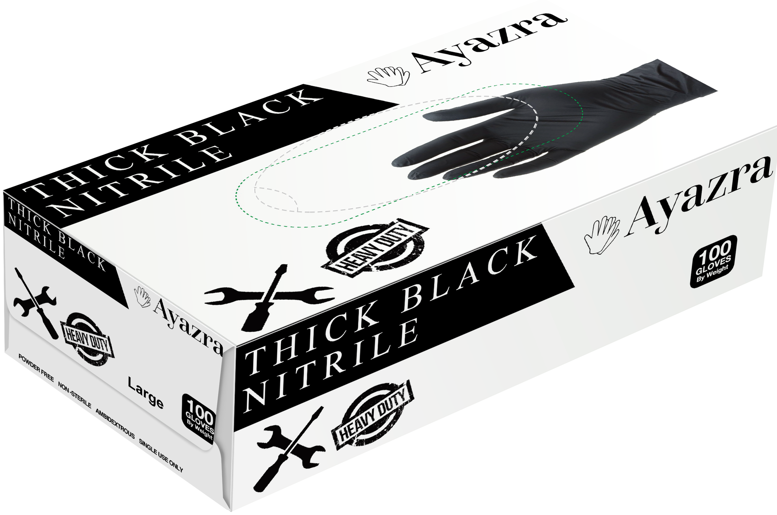 Box of 100 Ayazra thick black nitrile gloves on a white background
