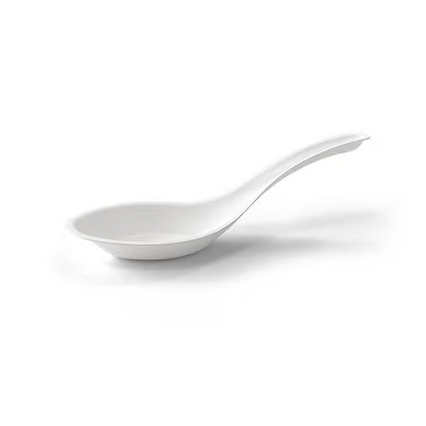 White takeaway Chinese soup spoon on a white background