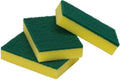 Three green and yellow sponges stacked on a white background