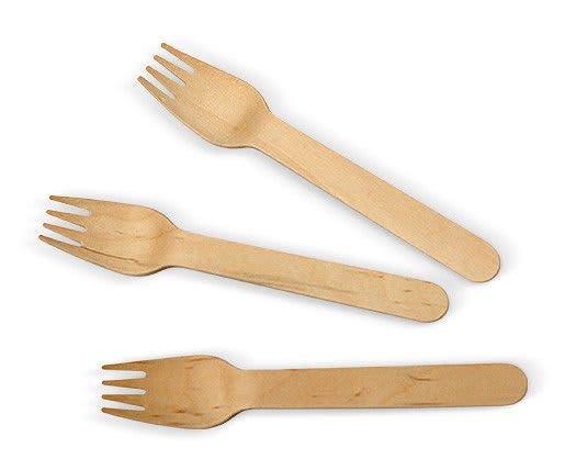Three wooden forks on a white background