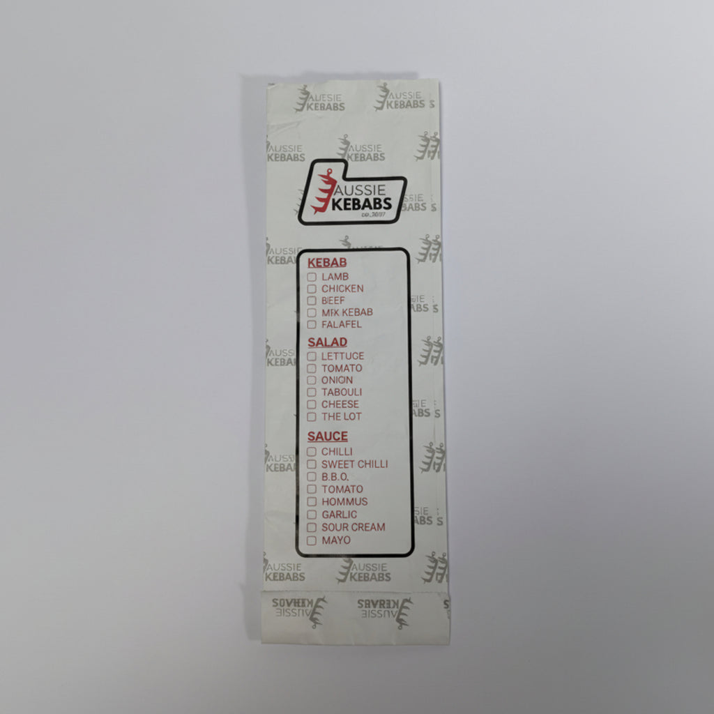 Aussie Kebabs menu card with kebab, salad, and sauce options