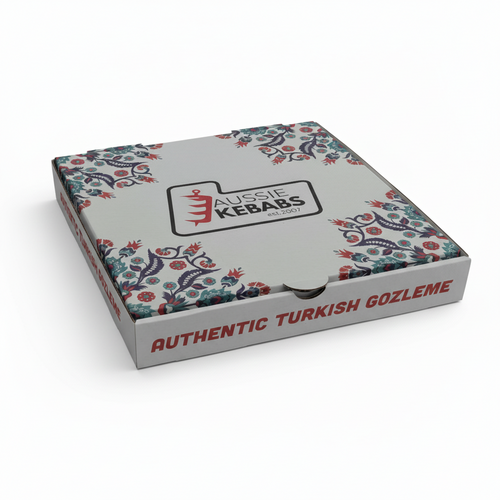 Aussie Kebabs custom printed pizza box with floral pattern on white background
