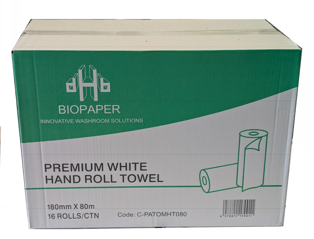 16 rolls box of Biopaper premium white hand roll towels on a white background