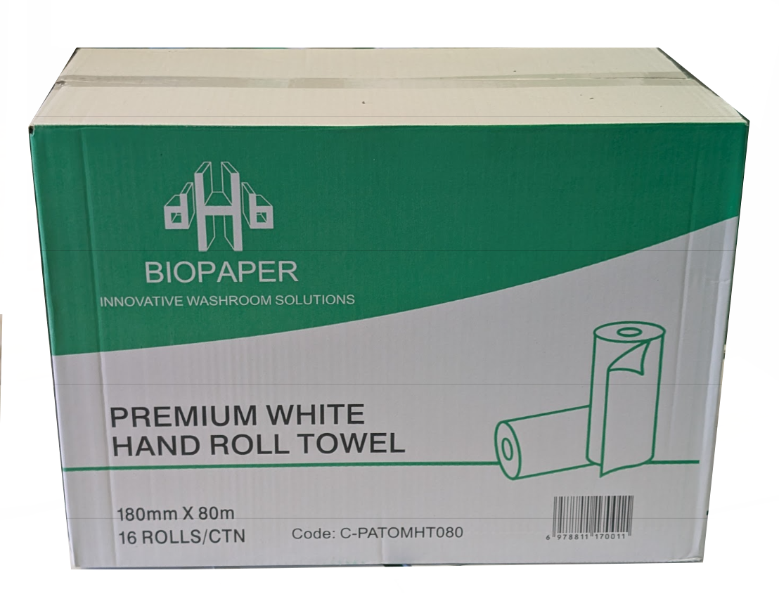 16 rolls box of Biopaper premium white hand roll towels on a white background