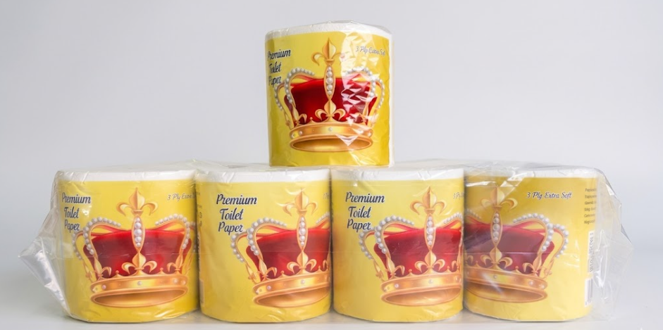 Five rolls of toilet paper with a yellow and red design on a white background