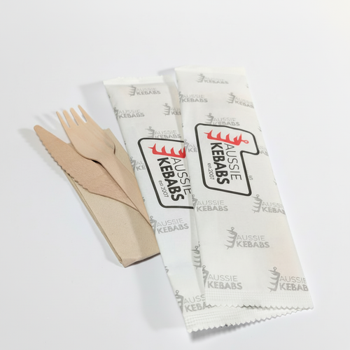 Branded Napkin Wraps with Wooden Cutlery Set - Aussie Kebabs - Brighter